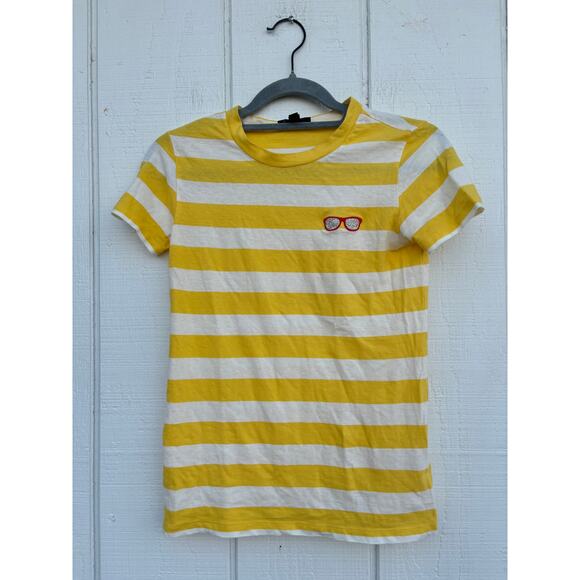 J. Crew Yellow Striped Tee,‎ Glasses Embroidered, Basic, Sz XXS - Picture 1 of 4